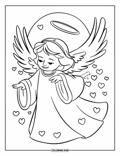 Dibujo de ángeles para colorear para niños: Un ángel de cabello largo esparciendo corazones con gracia
