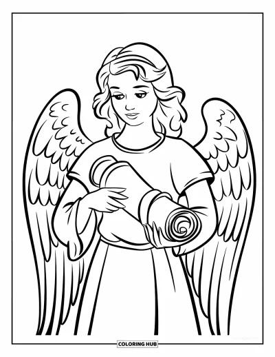 Dibujo de ángeles para colorear para niños: Un ángel con mangas abullonadas sosteniendo un pergamino con gracia