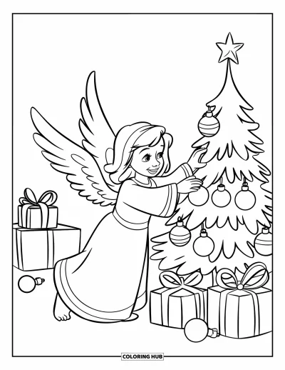 Dibujo de ángeles para colorear para niños: Un ángel con alas decorando un árbol de Navidad con regalos cerca