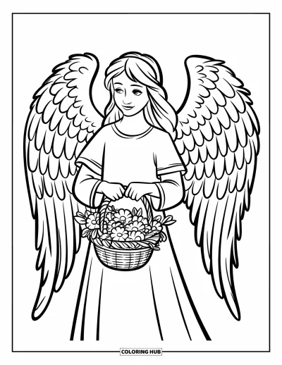 Dibujo de ángeles para colorear para niños: Un ángel con alas sosteniendo una cesta de flores llena de rosas y lirios