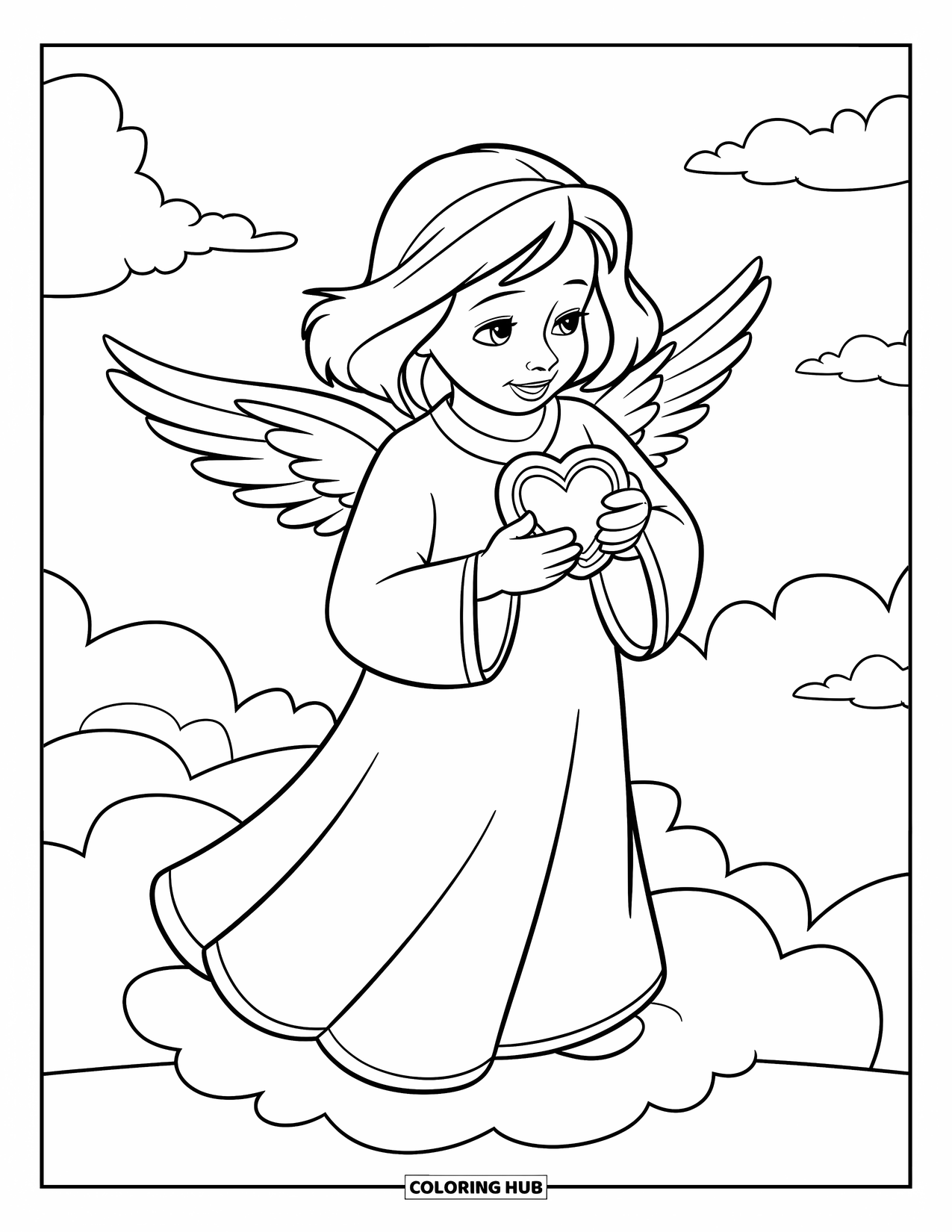 Angel Coloring Page for Kids: An angel with wings holding a heart-shaped locket on a cloud