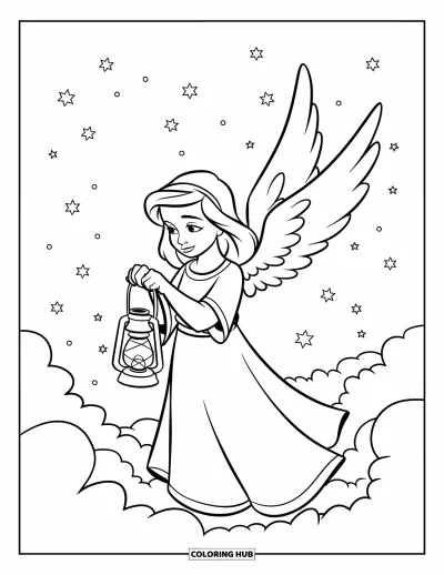 Dibujo de ángeles para colorear para niños: Un ángel con alas sosteniendo una linterna sobre una nube