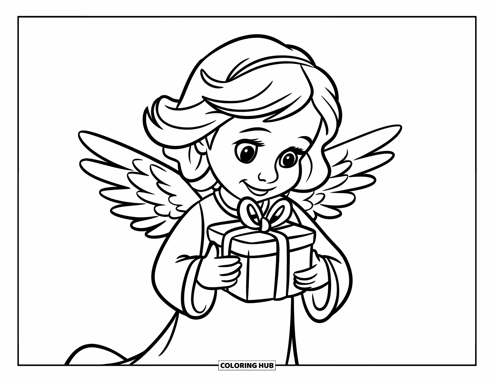 Angel Coloring Page for Kids: An angel with wings holding a neatly wrapped gift