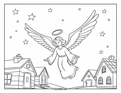 Dibujo de ángeles para colorear para niños: Un ángel con las alas extendidas volando sobre un pueblo de noche