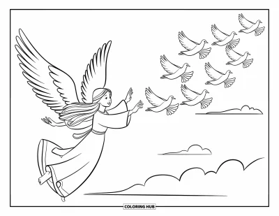 Dibujo de ángeles para colorear para niños: Un ángel con alas extendidas guiando palomas entre nubes