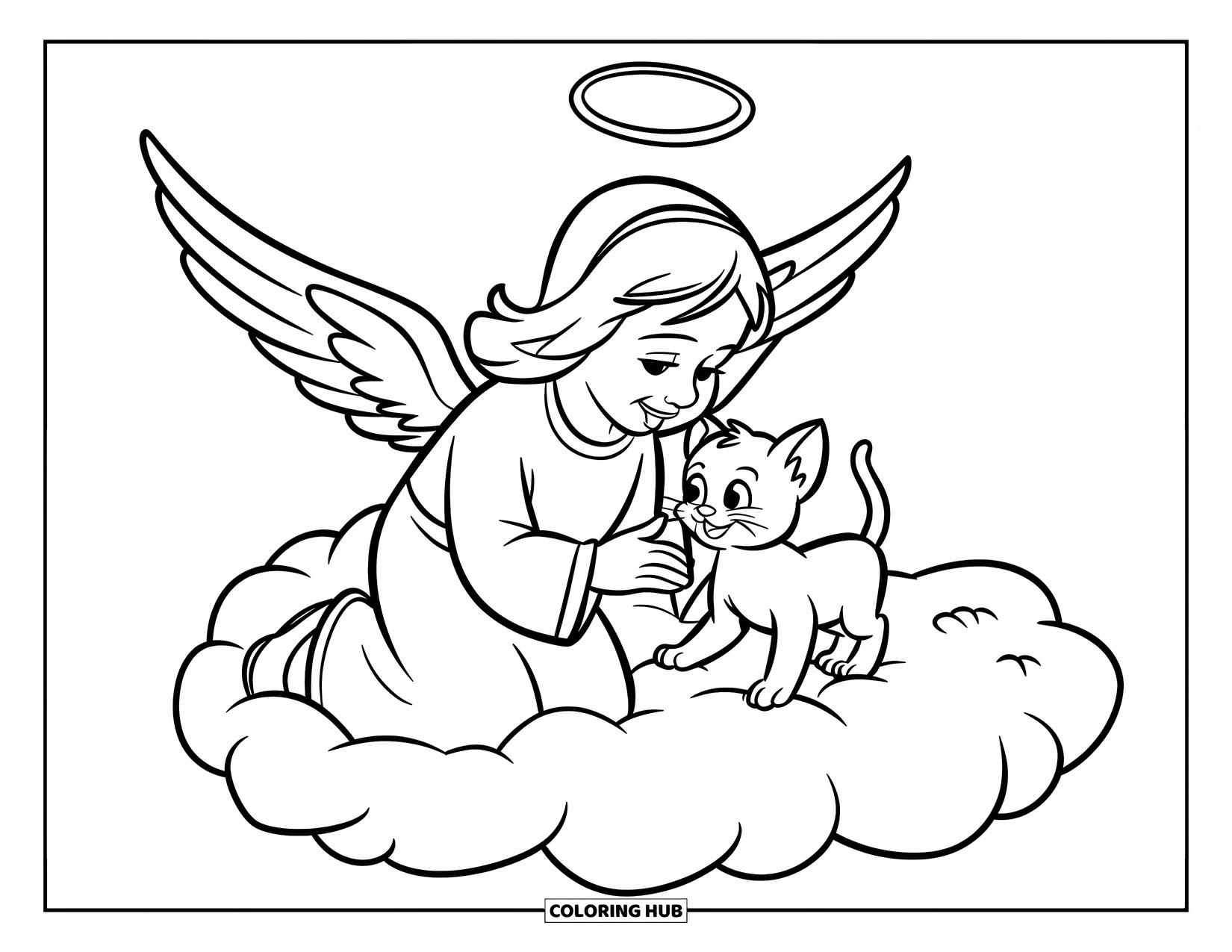 Angel Coloring Page for Kids: An angel with wings playing with a kitten on a cloud