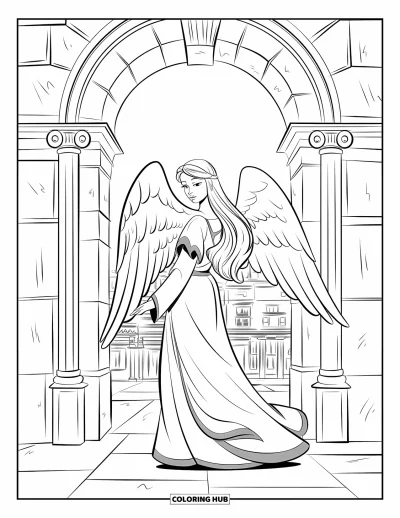 Dibujo de ángeles para colorear para niños: Un ángel con alas de pie frente a un arco de piedra tallado