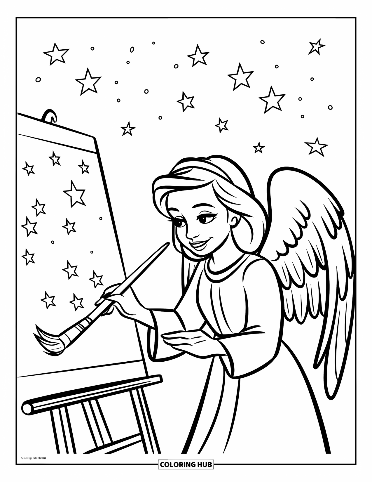 Angel Coloring Page for Kids: An artist angel painting stars across the sky with a brush