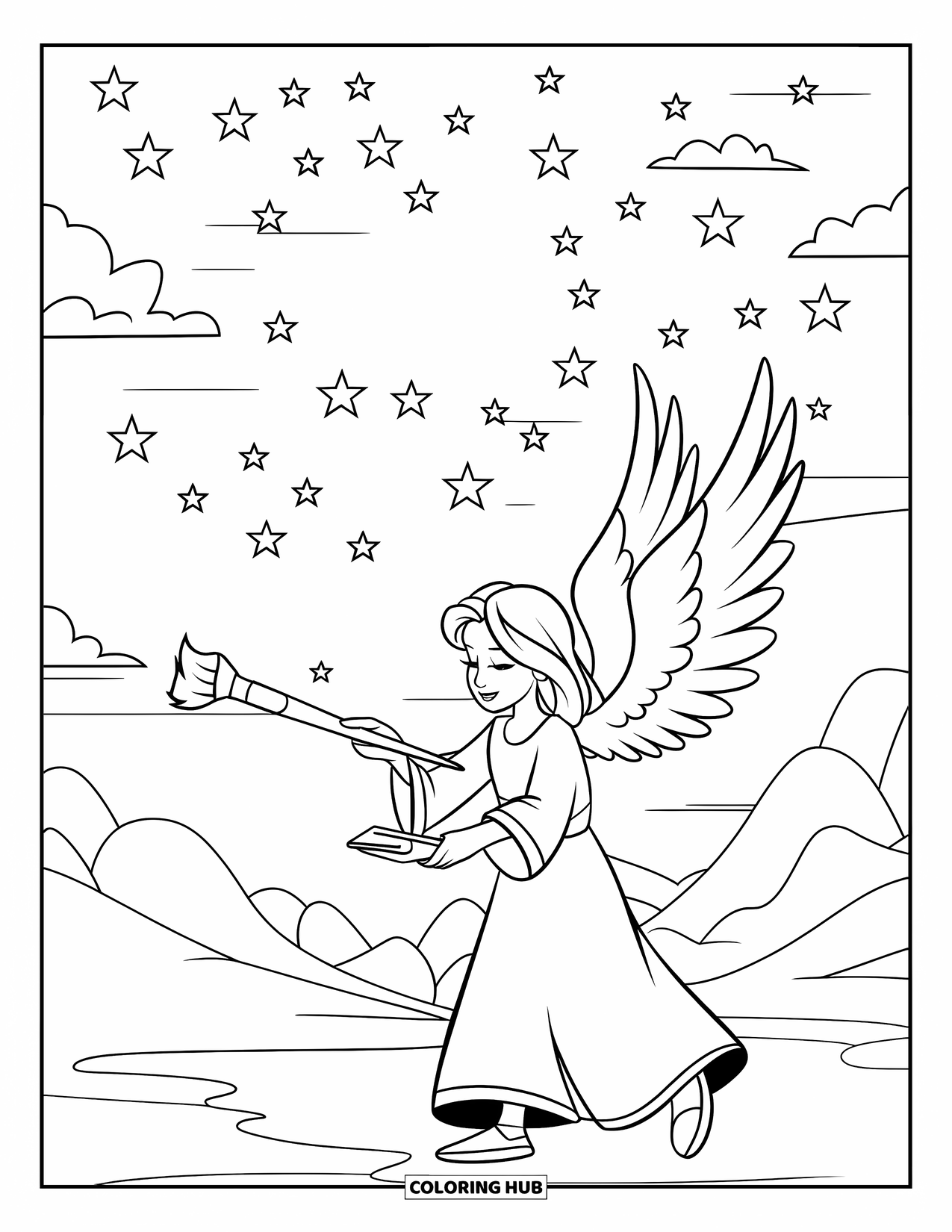 Angel Coloring Page for Kids: An artist angel painting stars across the sky with clouds and a horizon