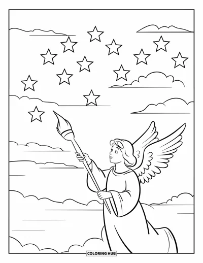 Dibujo de ángeles para colorear para niños: Un ángel artista pintando estrellas en el cielo con un pincel