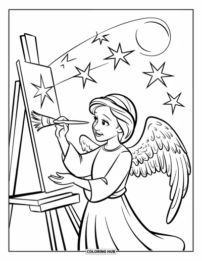 Dibujo de ángeles para colorear para niños: Un ángel artista con alas pintando estrellas en el cielo nocturno