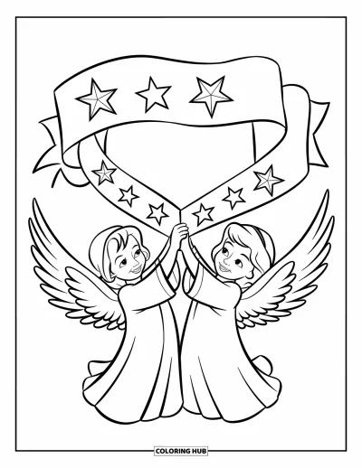 Dibujo de ángeles para colorear para niños: Dos ángeles sosteniendo una cinta con estrellas en el cielo