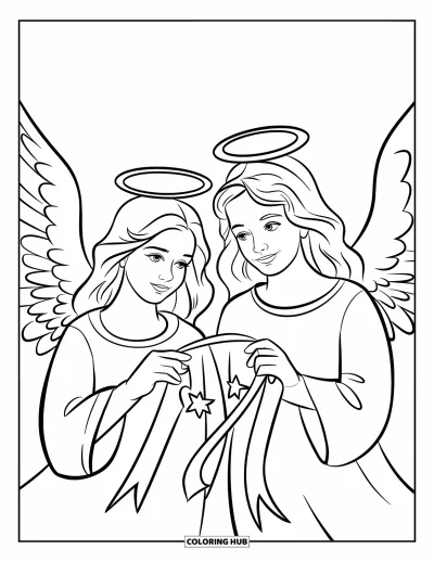 Dibujo de ángeles para colorear para niños: Dos ángeles sosteniendo una cinta con estrellas sobre un fondo blanco