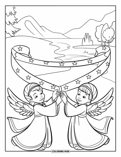 Dibujo de ángeles para colorear para niños: Dos ángeles sosteniendo una cinta con estrellas atadas a una rama