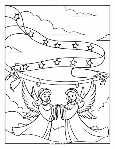 Dibujo de ángeles para colorear para niños: Dos ángeles sosteniendo una cinta estrellada con nubes alrededor