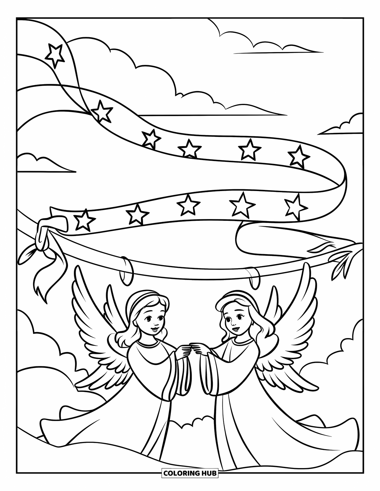 Angel Coloring Page for Kids: Two angels holding a starry ribbon with clouds around