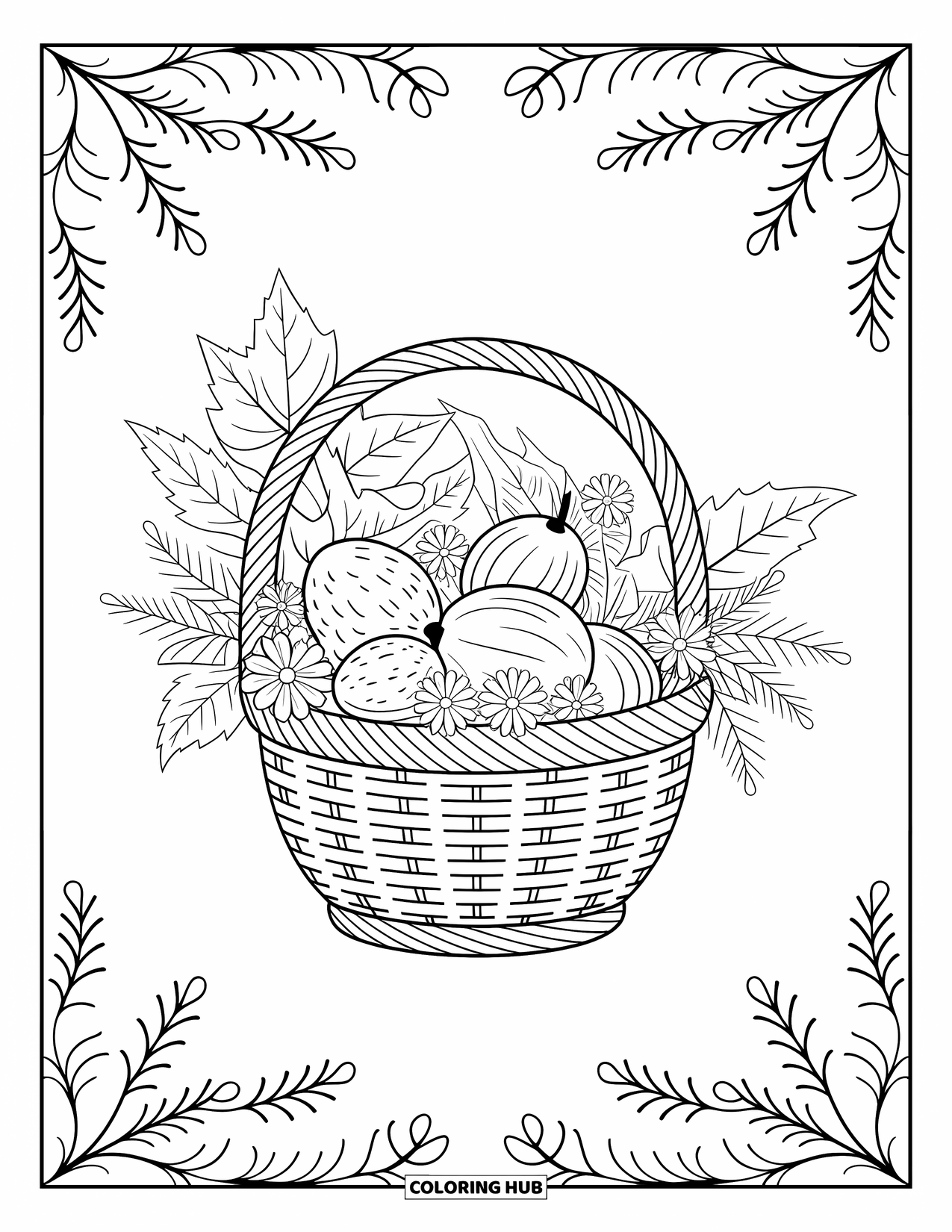 Desenho de outono para colorir para adultos: Uma cesta cheia de nozes de outono, folhas detalhadas e pequenas flores