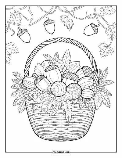 Autumn Coloring Page for Adults: A basket filled with autumn nuts, leaves, flowers, and delicate swirling vines