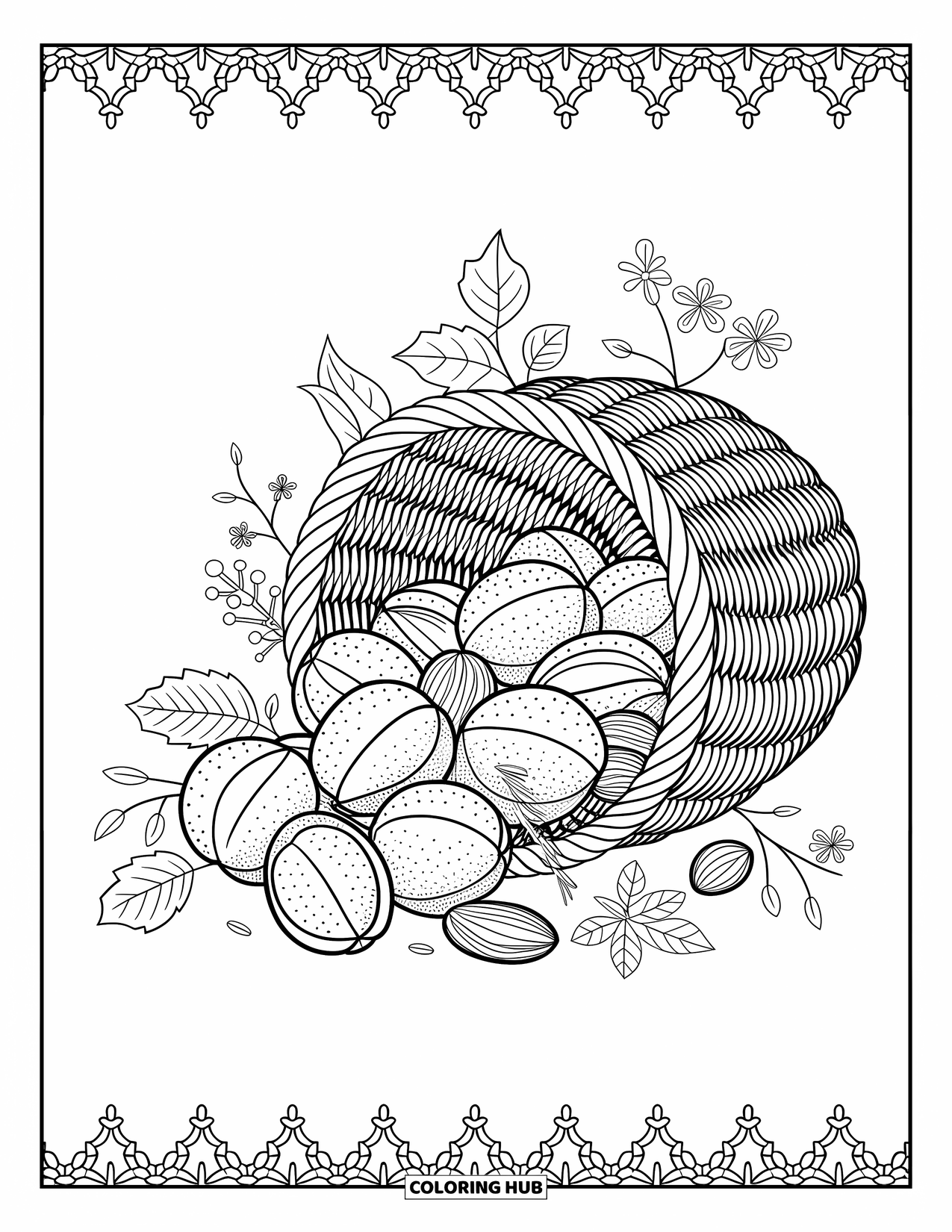 Desenho de outono para colorir para adultos: Uma cesta de nozes, folhas e flores de outono com bordas delicadas