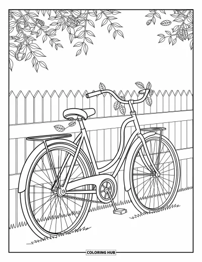 Autumn Coloring Page for Adults: A bicycle leaning on a fence with delicate leaves and artistic designs