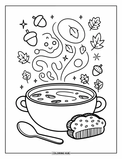 Autumn Coloring Page for Adults: A bowl of pumpkin soup with whimsical steam, a spoon, and rustic bread