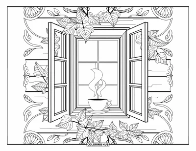 Autumn Coloring Page for Adults: A cabin window with a steaming tea cup, framed by ivy and dried leaves