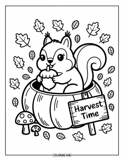 Autumn Coloring Page for Adults: A chubby squirrel sits in a pumpkin with mushrooms, curled leaves, and a harvest sign