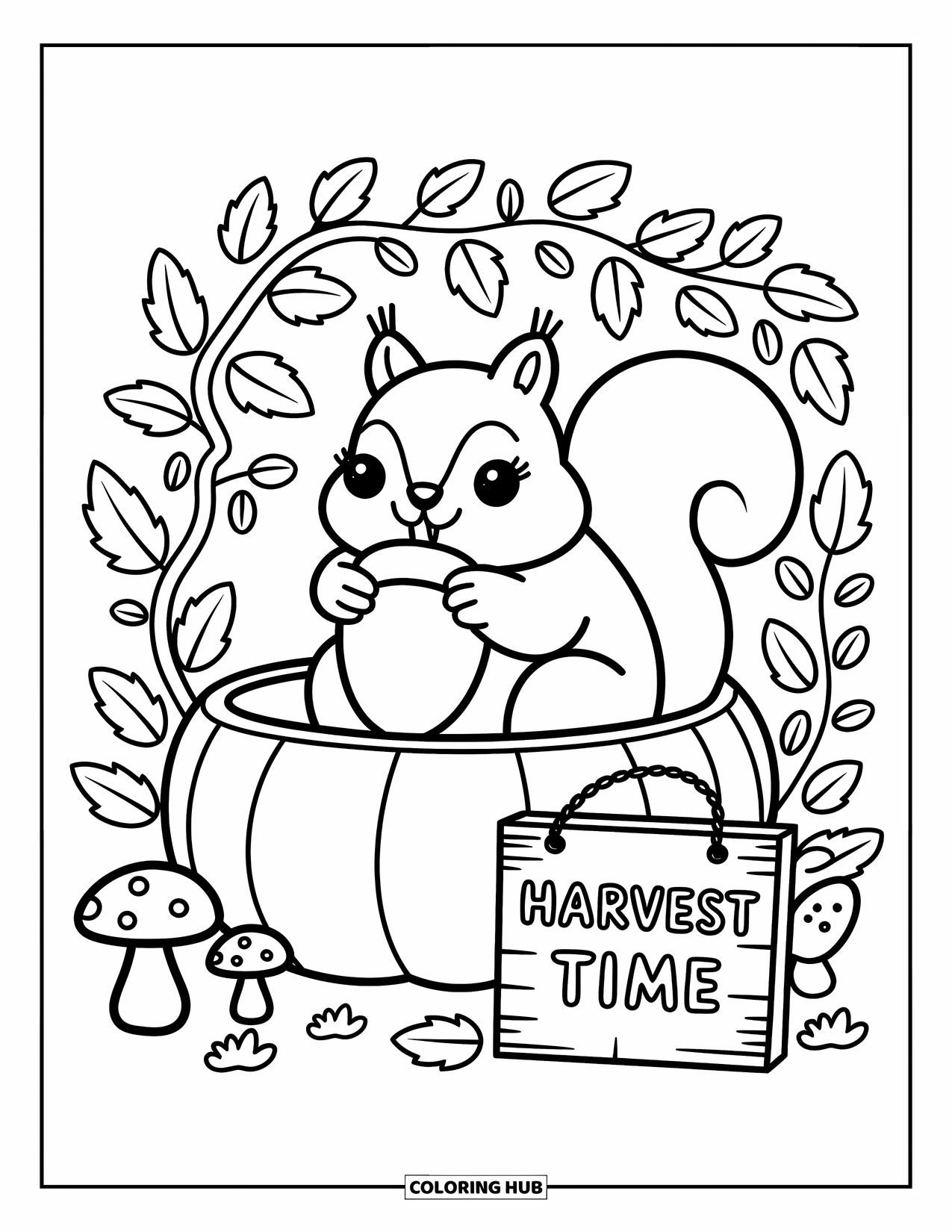 Desenho de outono para colorir para adultos: Um esquilo gordinho senta-se dentro de uma abóbora mordiscando uma bolota, cercado por cogumelos