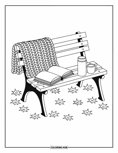 Autumn Coloring Page for Adults: A cozy bench with a blanket, book, thermos, and whimsical leaves around it