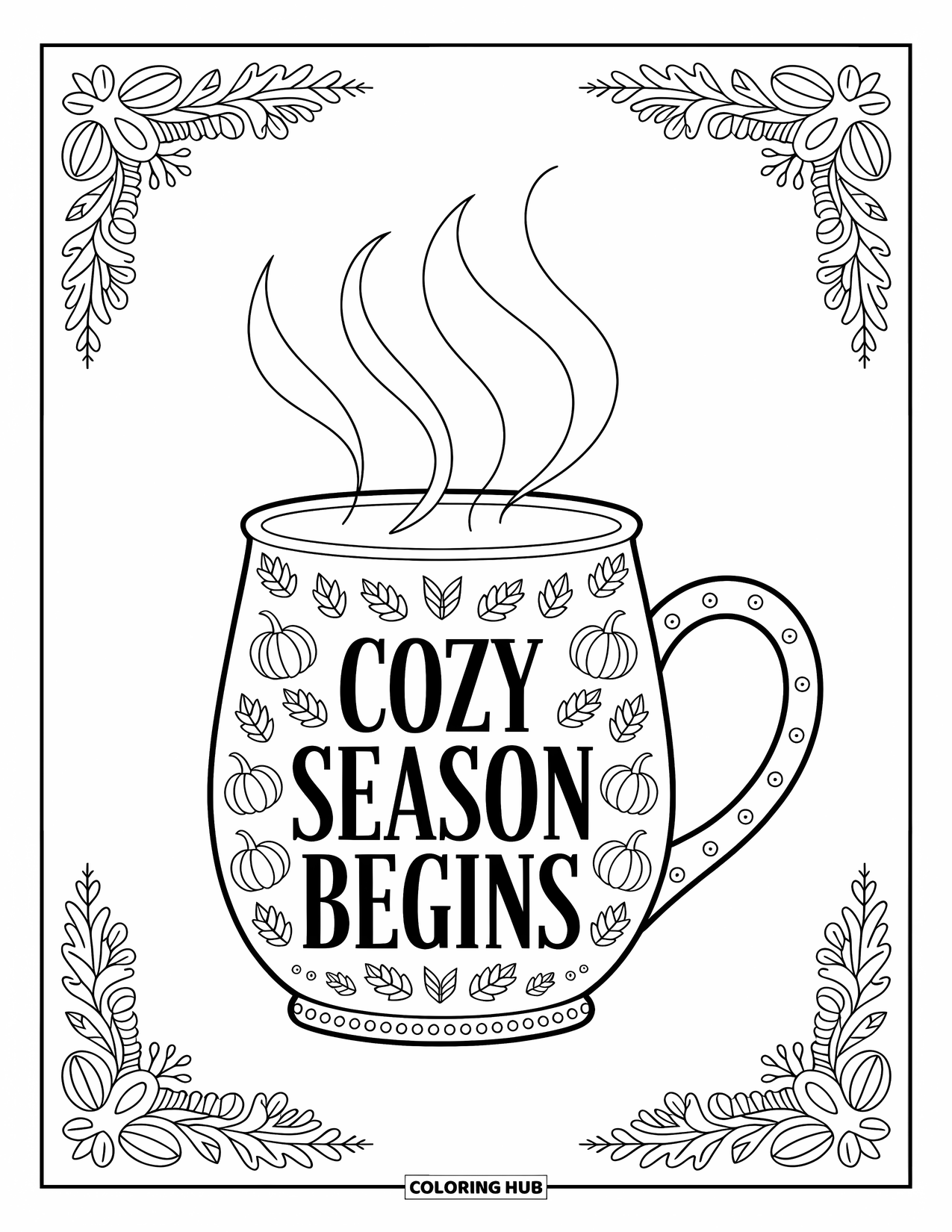 Desenho de outono para colorir para adultos: Uma caneca aconchegante com desenhos de abóbora e a frase "Cozy Season Begins" com padrões florais