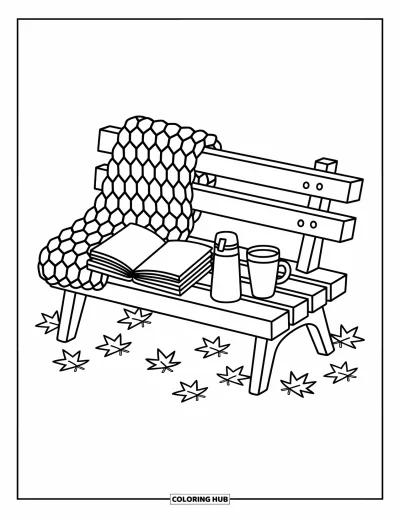 Autumn Coloring Page for Adults: A cozy park bench with a blanket, book, thermos, and cup surrounded by tiny leaves