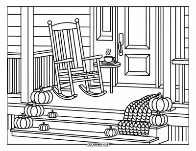 Autumn Coloring Page for Adults: A cozy porch with a rocking chair, soft throw, books, and playful pumpkins on steps