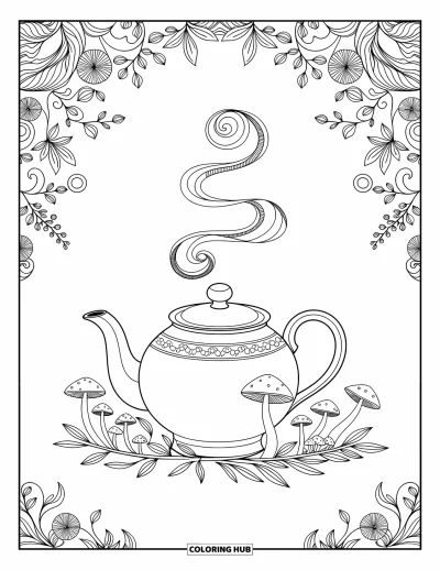 Autumn Coloring Page for Adults: A cozy teapot with mushrooms, swirling steam, and delicate leafy borders