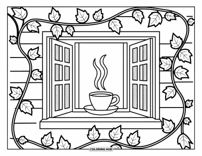 Autumn Coloring Page for Adults: A cozy window scene with tea, ivy, and dried leaves with artistic patterns