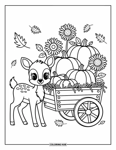 Autumn Coloring Page for Adults: A cute deer stands by a wooden cart with pumpkins, hay, and swirling leaf patterns