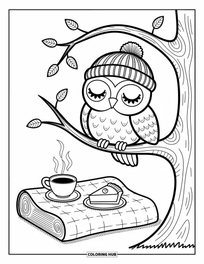 Autumn Coloring Page for Adults: A cute owl wearing a beanie rests on a branch with tea, pie, and falling leaves below