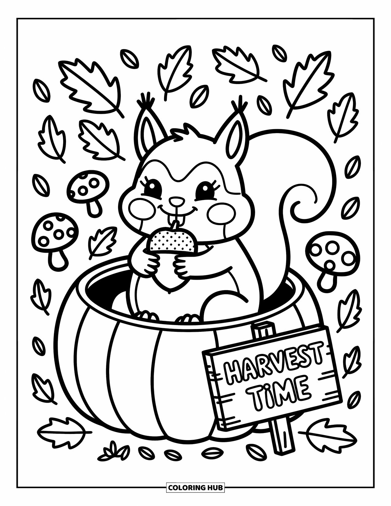 Desenho de outono para colorir para adultos: Um esquilo fofo dentro de uma abóbora com uma bolota e uma placa de "Tempo de Colheita" por perto