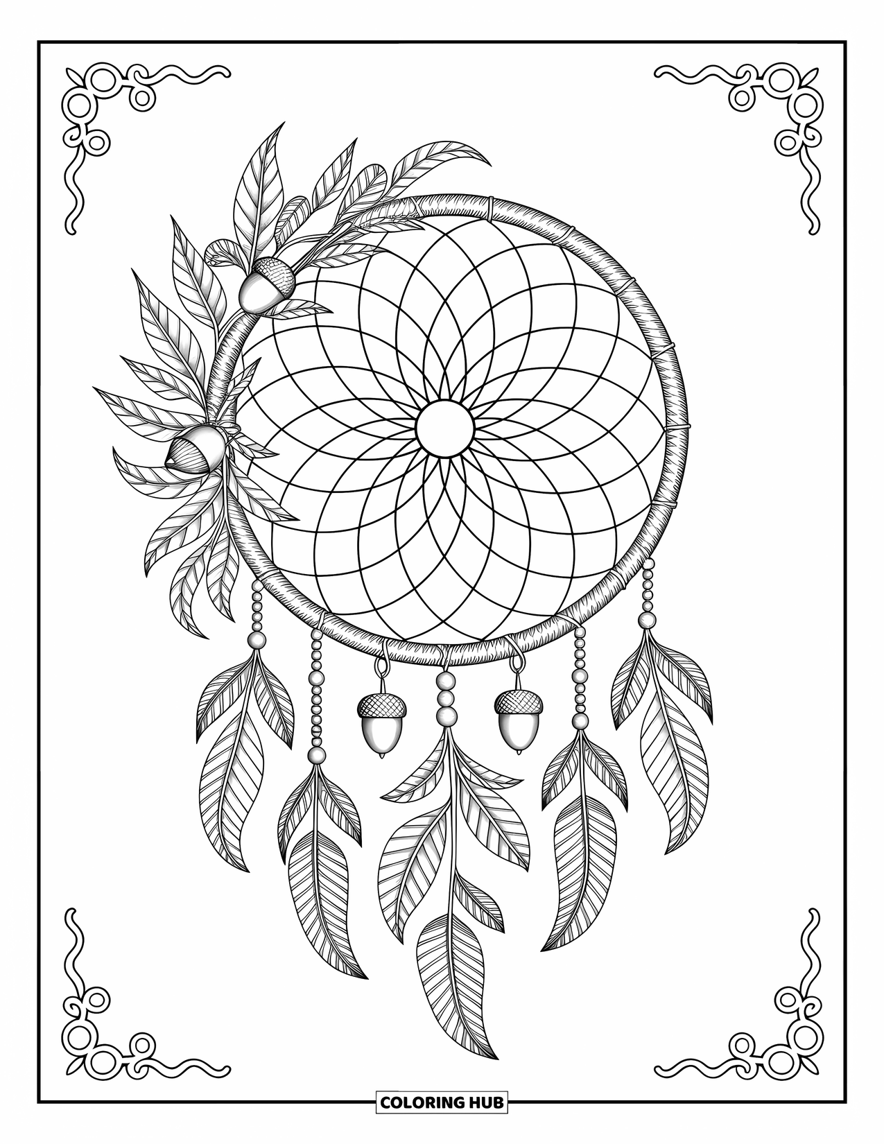 Desenho de outono para colorir para adultos: Um filtro dos sonhos detalhado com folhas, bolotas e pequenos amuletos, emoldurado por bordas artísticas