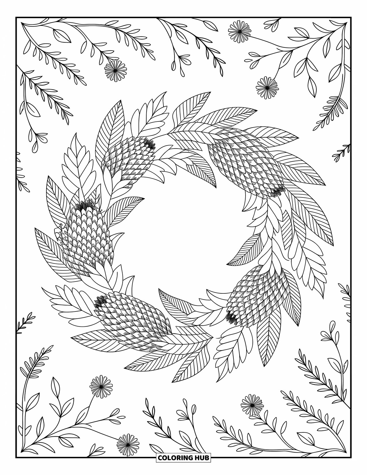 Desenho de outono para colorir para adultos: Uma guirlanda detalhada de pinhas, flores secas e folhas cercada por desenhos florais