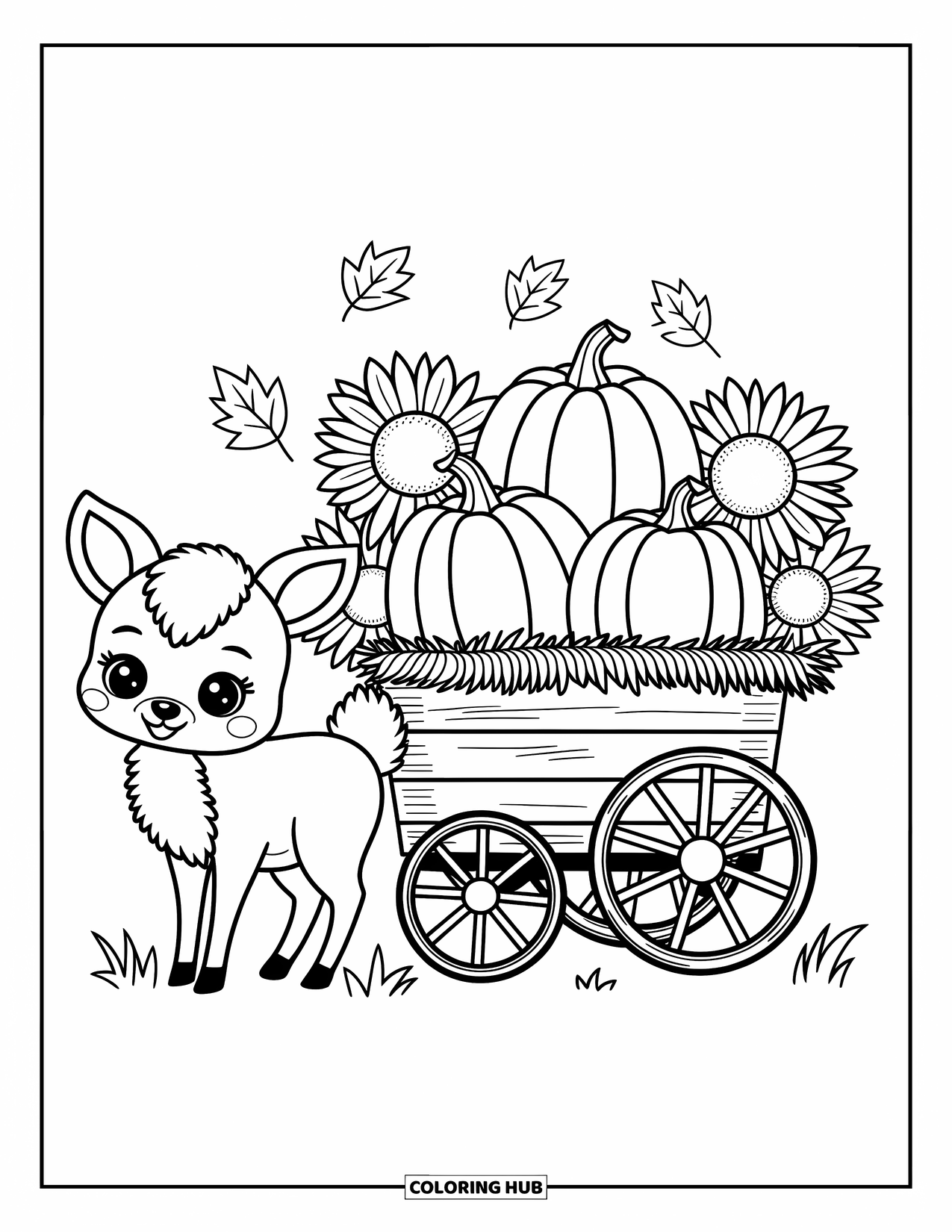 Desenho de outono para colorir para adultos: Um veado fofo ao lado de uma carroça de colheita cheia de abóboras, feno e girassóis