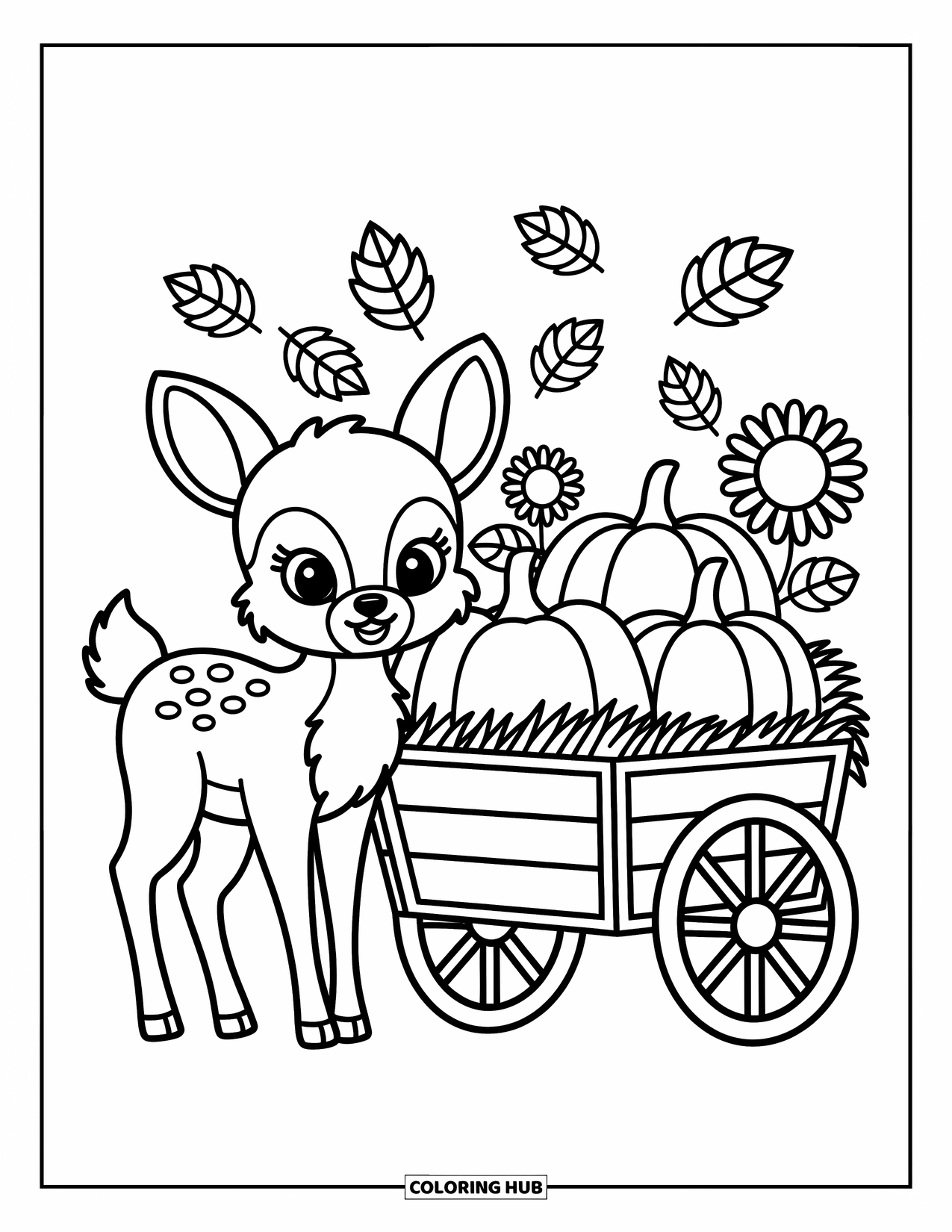 Desenho de outono para colorir para adultos: Um veado fofo ao lado de uma carroça de colheita cheia de abóboras, feno e folhas lúdicas