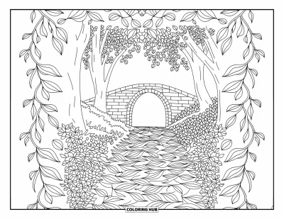 Autumn Coloring Page for Adults: A forest path with leaves and vines leading to a stone bridge