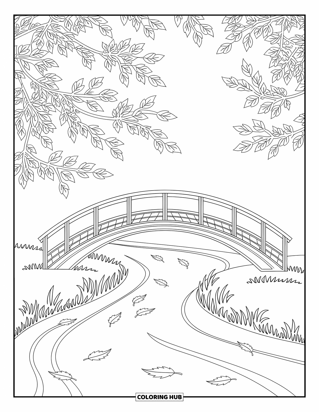 Desenho de outono para colorir para adultos: Uma ponte de madeira graciosa sobre um rio calmo com folhas flutuantes e padrões rodopiantes
