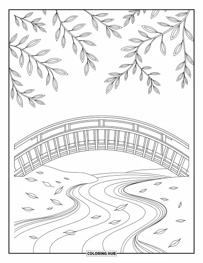 Autumn Coloring Page for Adults: A graceful wooden bridge over peaceful water with artistic leaves and soft patterns