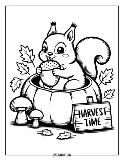 Autumn Coloring Page for Adults: A happy squirrel in a pumpkin surrounded by mushrooms, leaves, and a harvest sign