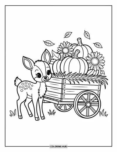 Autumn Coloring Page for Adults: A kawaii deer beside a wooden cart with pumpkins, hay, sunflowers, and dancing leaves
