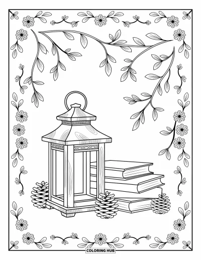 Autumn Coloring Page for Adults: A lantern with books and pinecones framed by elegant vines and floral patterns
