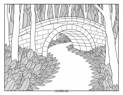Autumn Coloring Page for Adults: A leaf-covered path leading to a stone bridge surrounded by swirling patterns