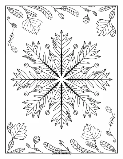 Autumn Coloring Page for Adults: A mandala filled with autumn leaves, acorns, and delicate swirling vine details