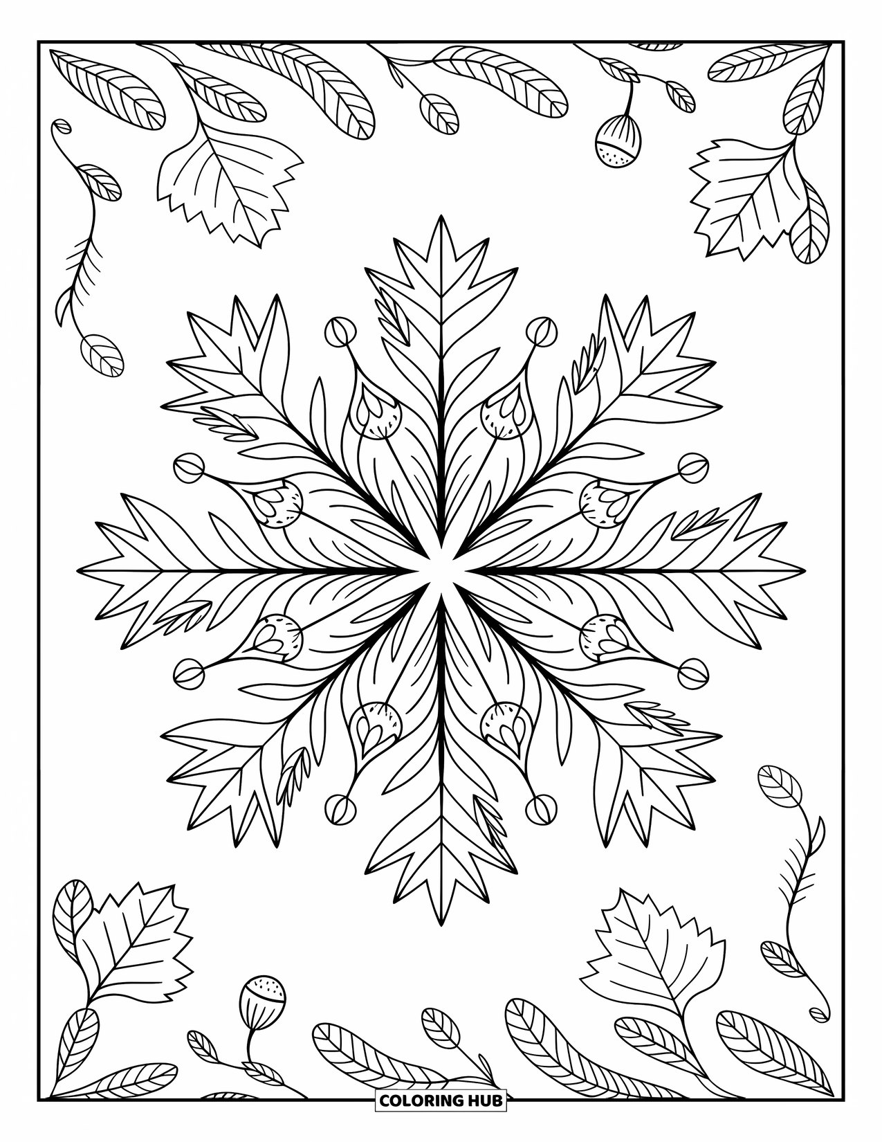 Desenho de outono para colorir para adultos: Uma mandala preenchida com folhas de outono, bolotas e detalhes delicados de vinhas rodopiantes